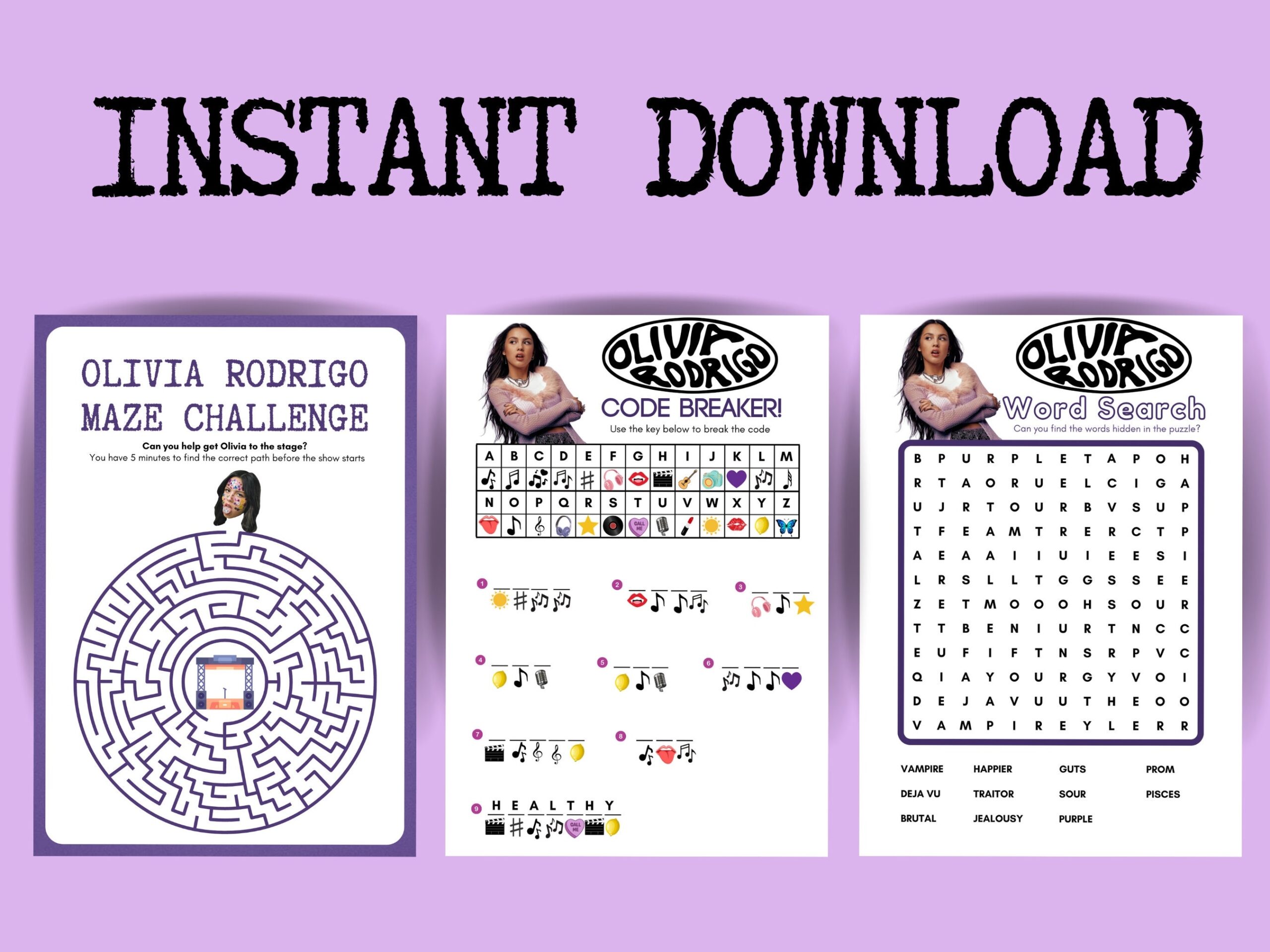 Olivia Rodrigo Themed Party Games Quiz Crossword Code Breakers 