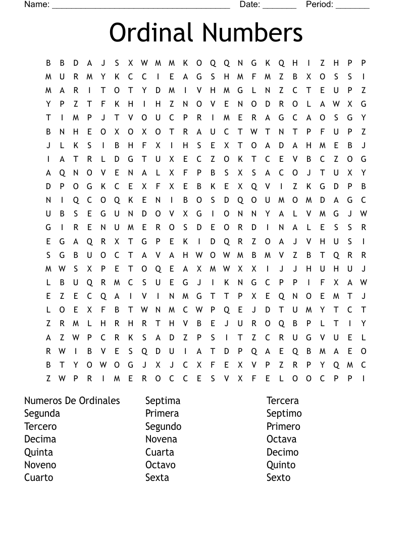 Ordinal Numbers Word Search WordMint