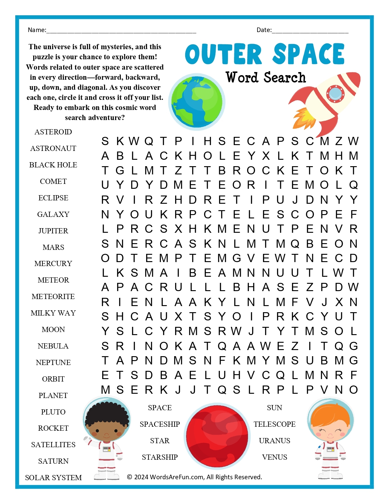 Outer Space Word Search Outer Space Word Search