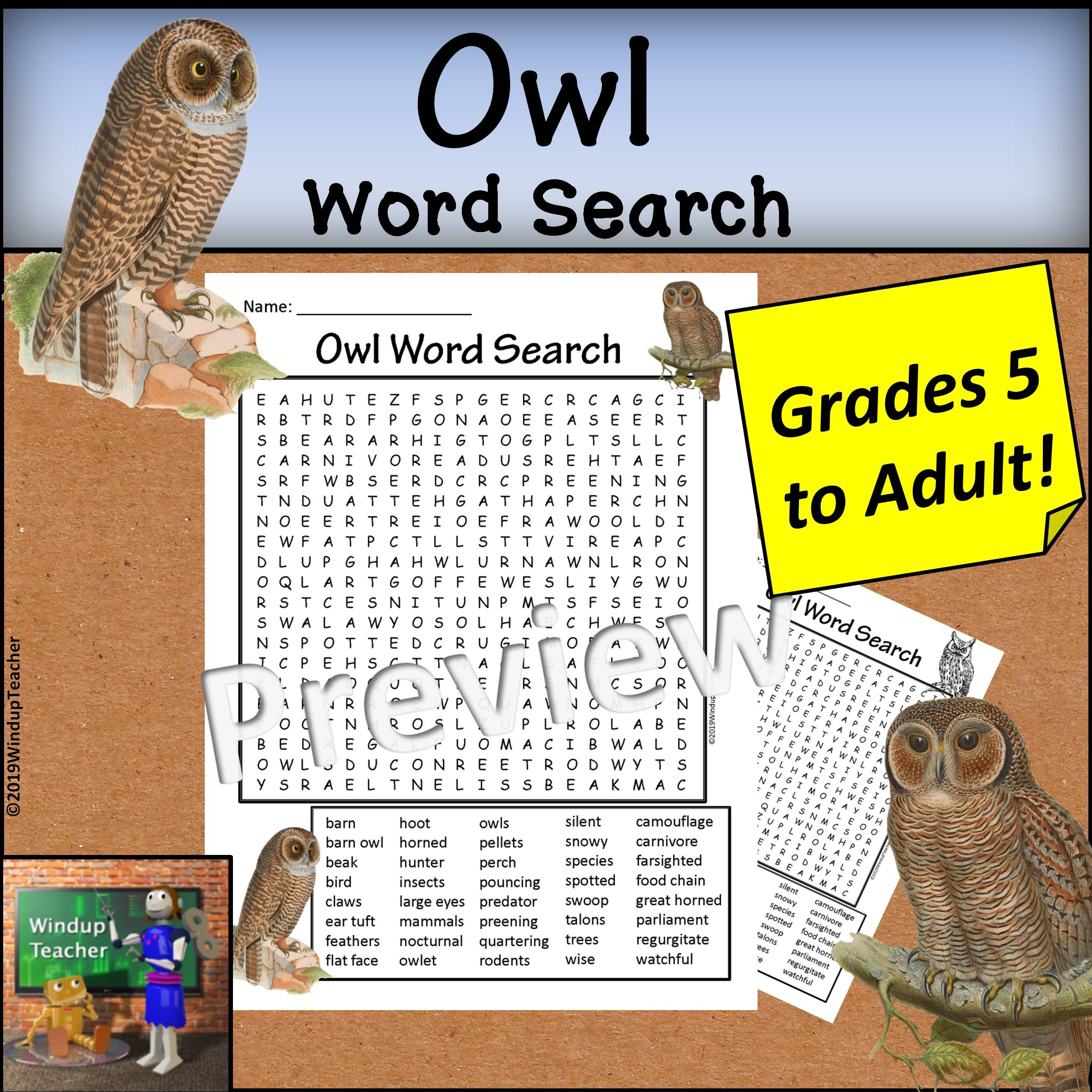 Owl Word Search Hard For Grades 5 To Adult Made By Teachers Owl Word Search Hard For Grades 5 To Adult Made By Teachers