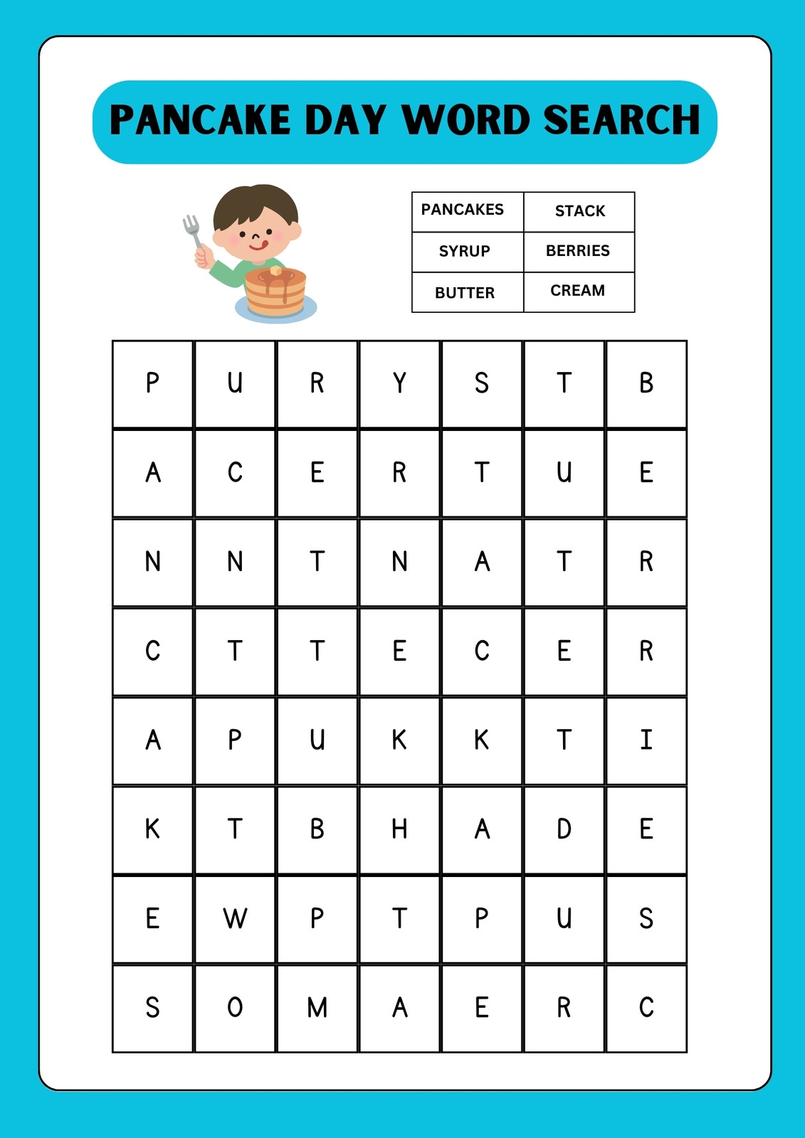 Printable Pancake Word Search