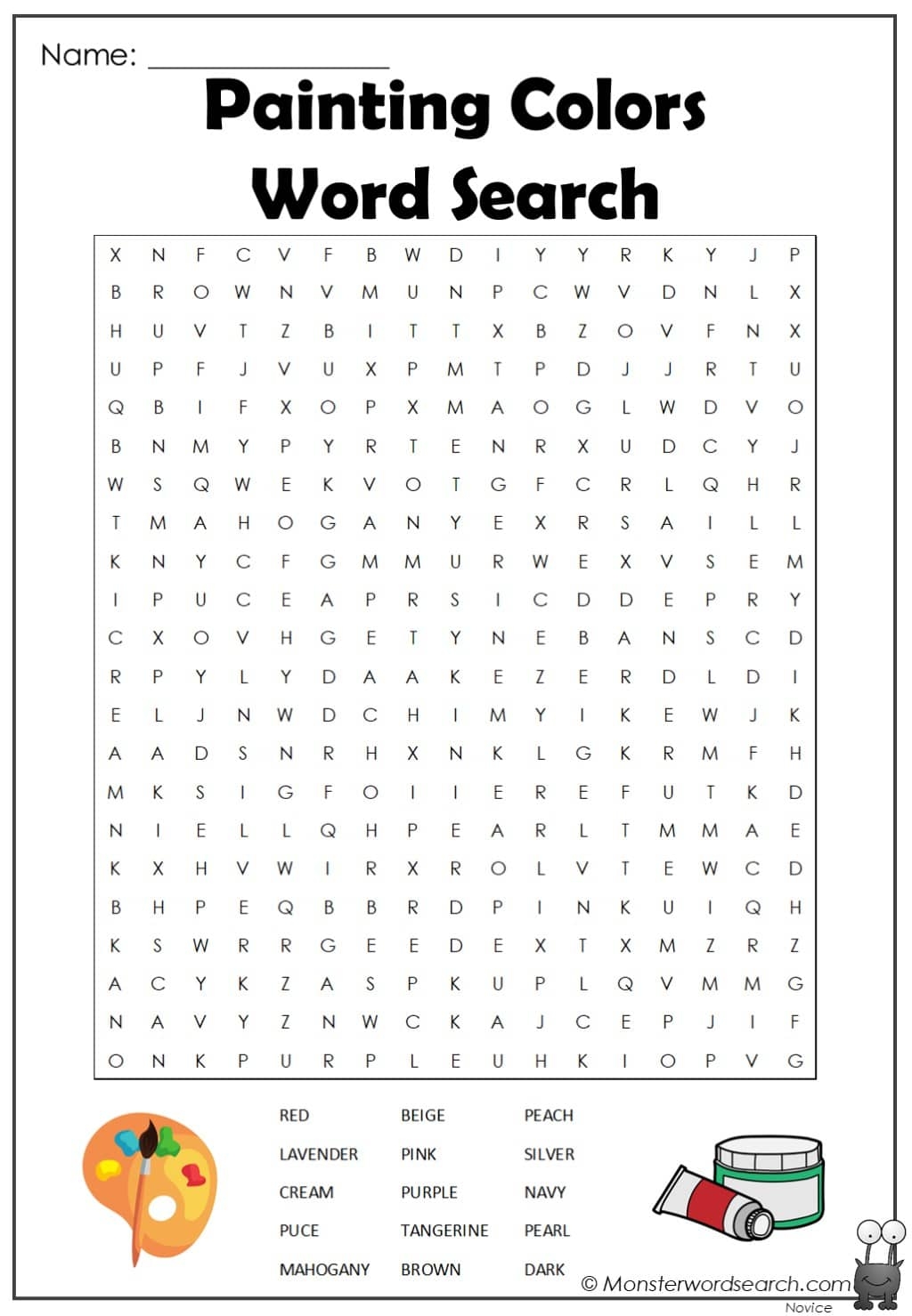 Painting Colors Word Search Monster Word Search
