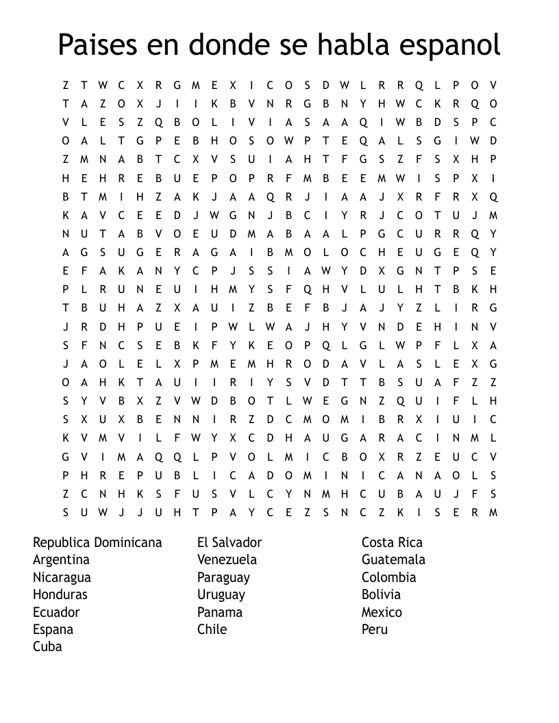 Paises En Donde Se Habla Espanol Word Search WordMint