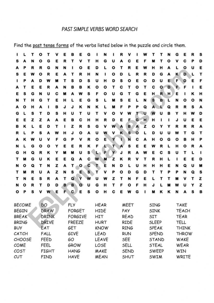 Past Simple Verbs Wordsearch ESL Worksheet By Pganzer