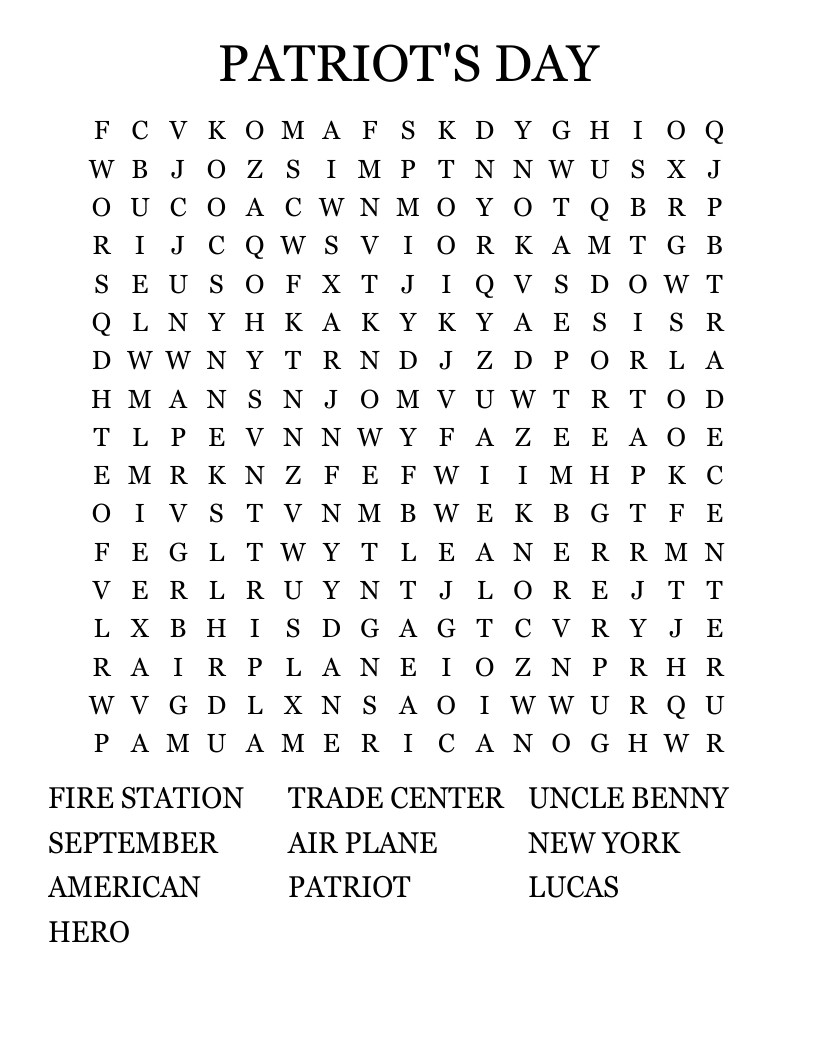 PATRIOT S DAY Word Search WordMint
