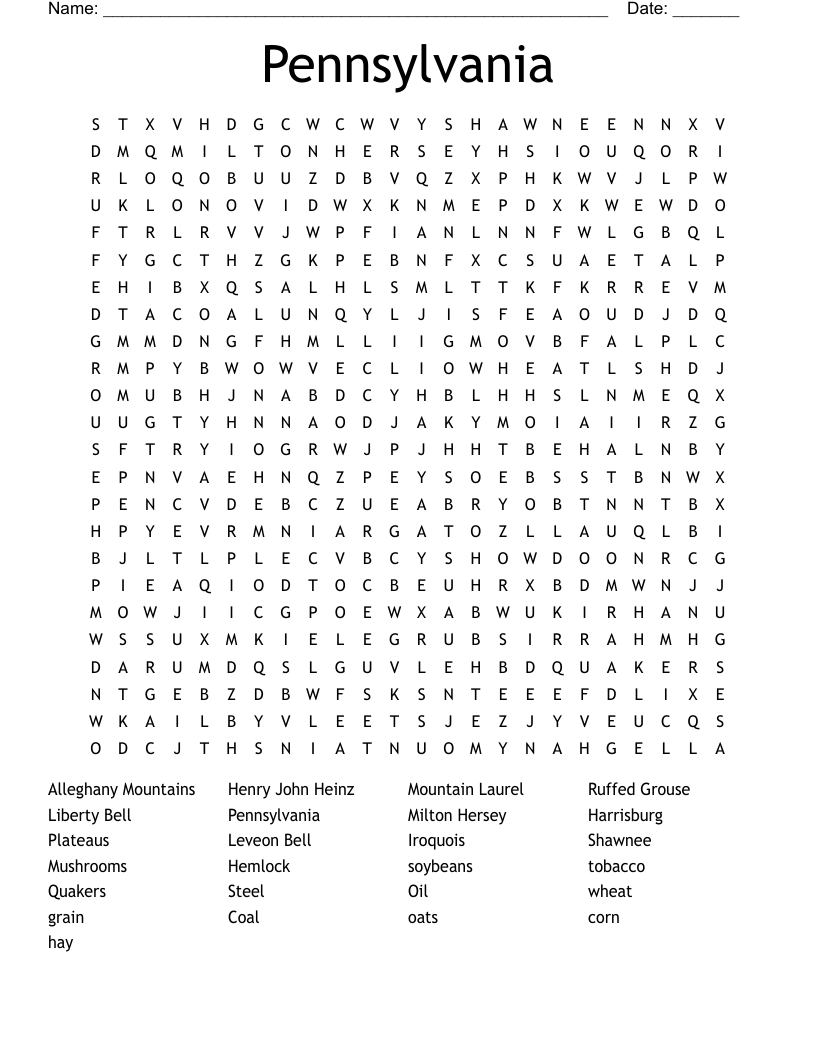 Pennsylvania Word Search WordMint