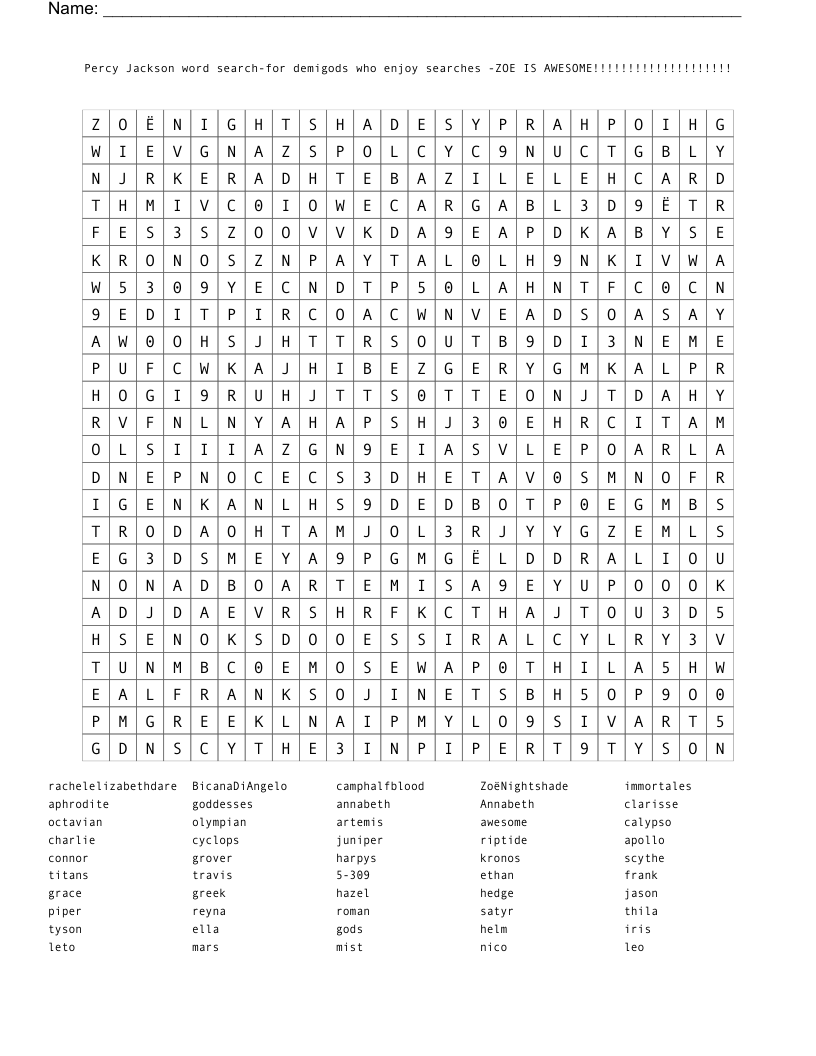 Percy Jackson Word Search Printable