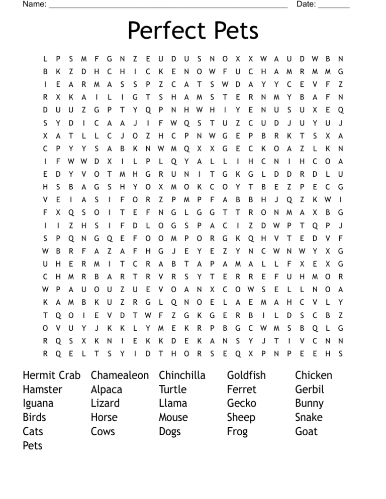Perfect Pets Word Search WordMint