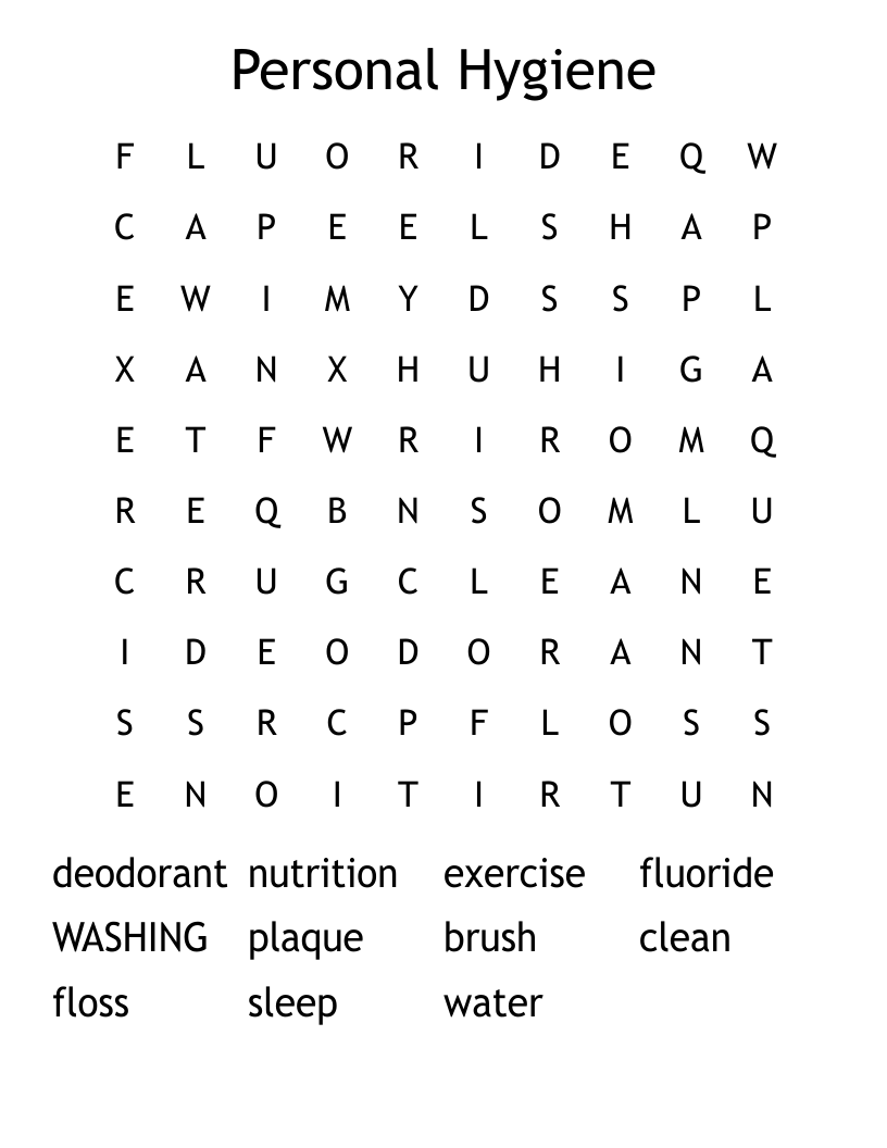 Personal Hygiene Word Search Printable
