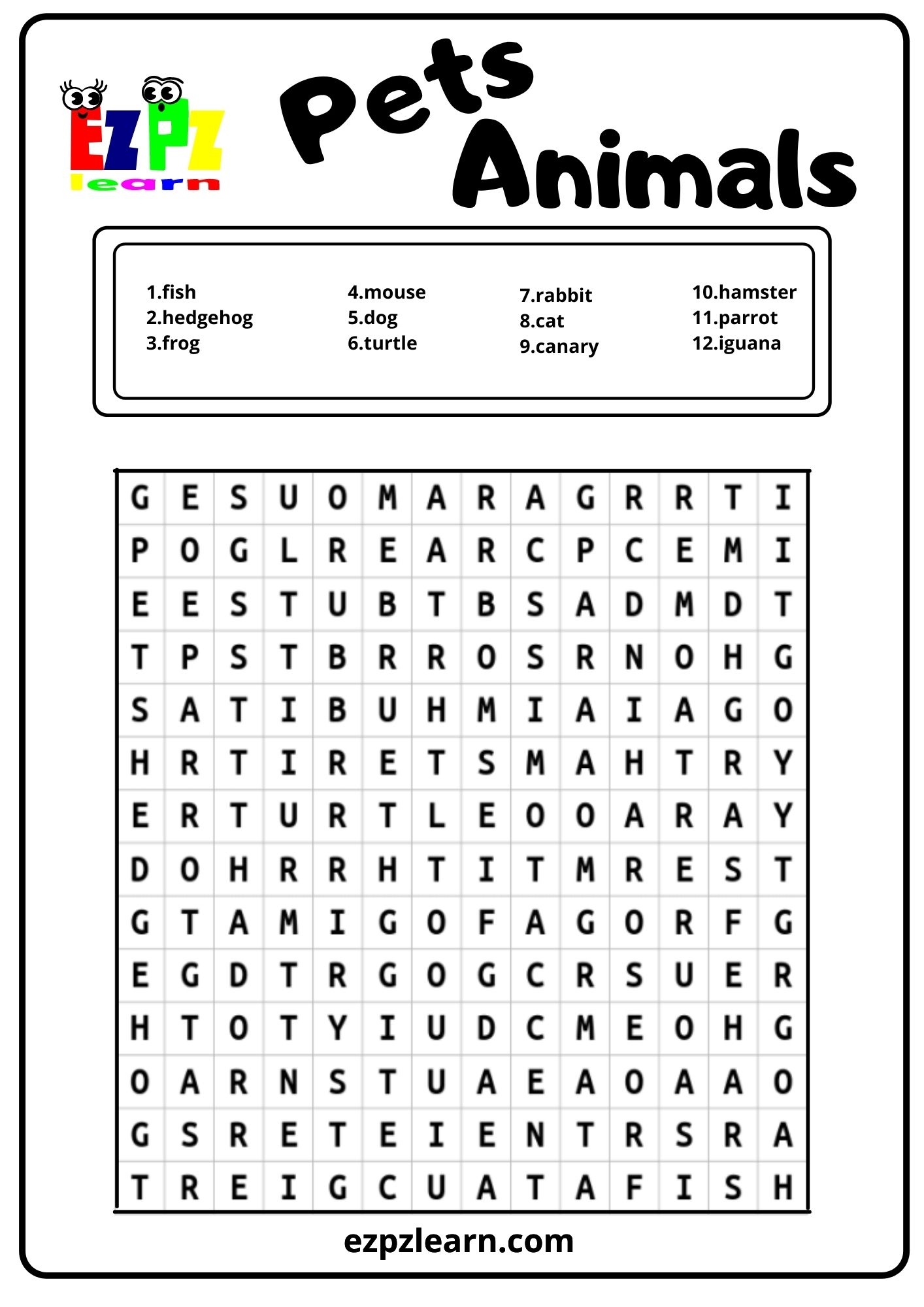 Pets Word Search Ezpzlearn