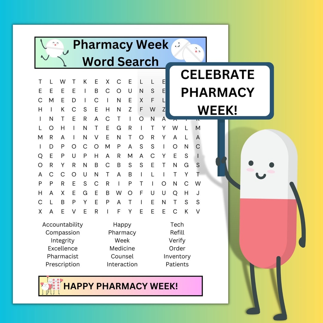 Pharmacy Week Word Search Printable pharmacist Pharmacy Tech Gift Fun Games Retail Hospital Independent Pharmacy Healthcare Etsy