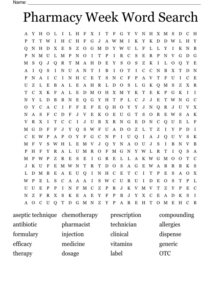 Pharmacy Week Word Search WordMint