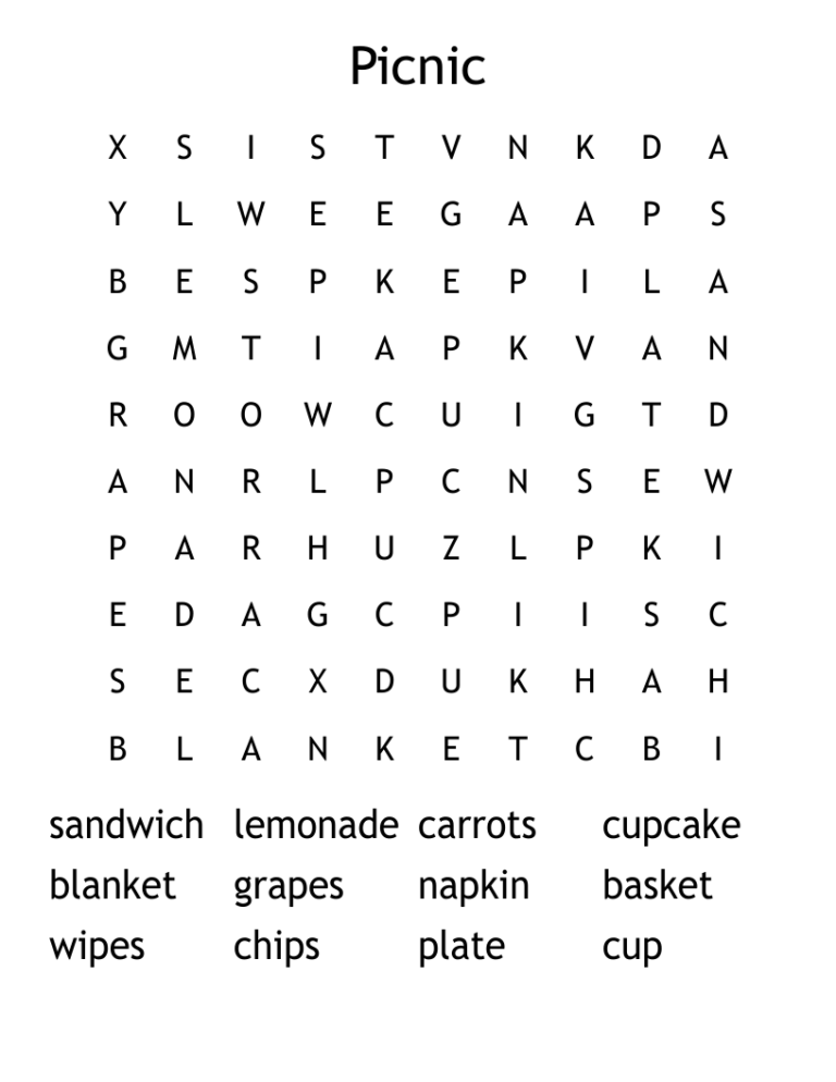 Picnic Word Search WordMint