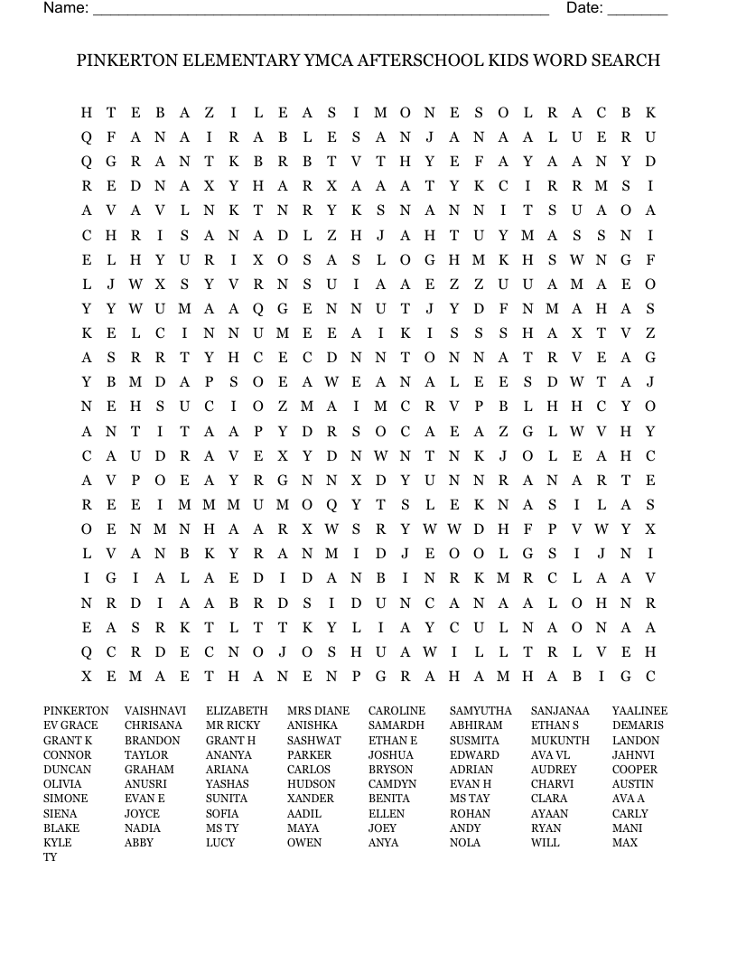 PINKERTON ELEMENTARY YMCA AFTERSCHOOL KIDS WORD SEARCH WordMint
