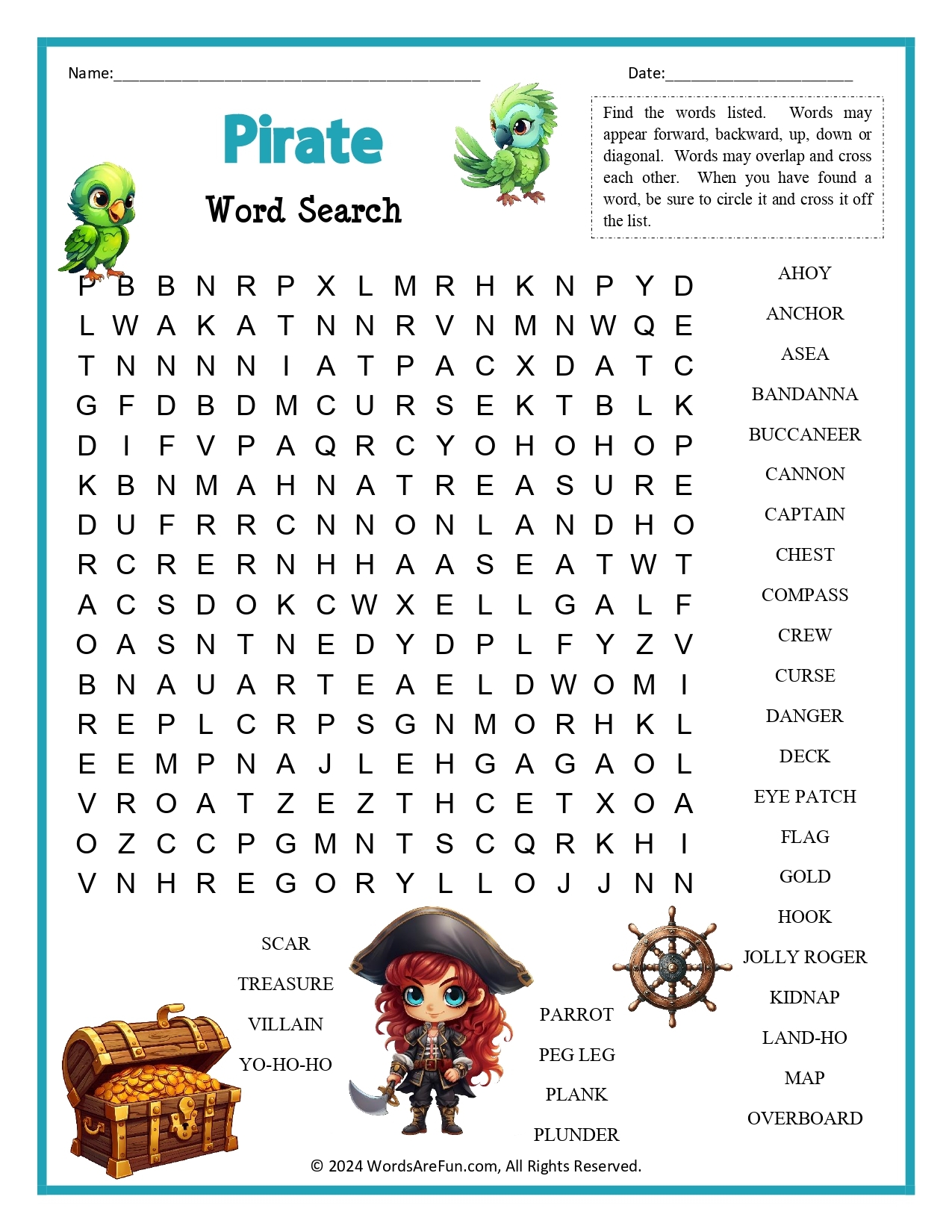 Pirate Word Search For Kids