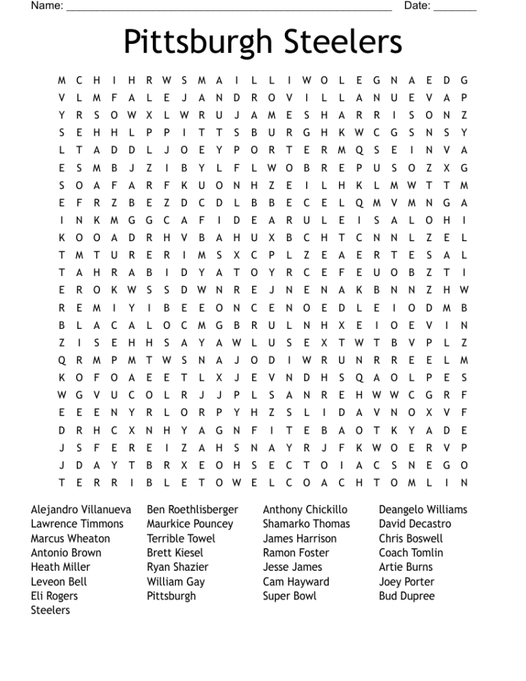 Pittsburgh Steelers Word Search WordMint