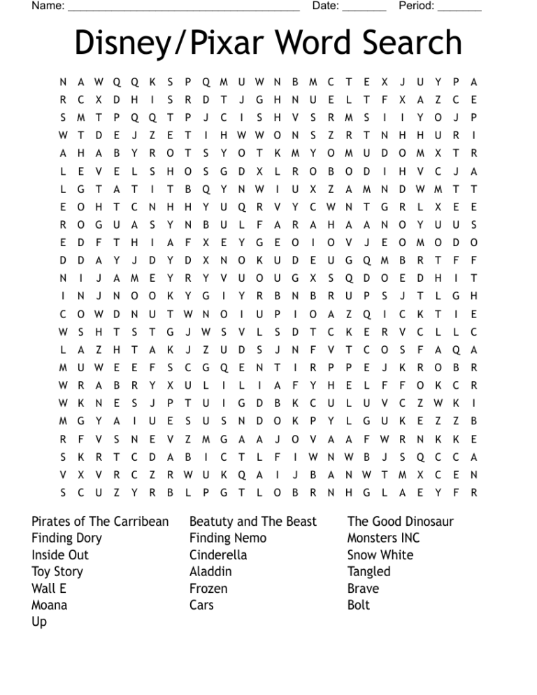 Pixar Word Search WordMint