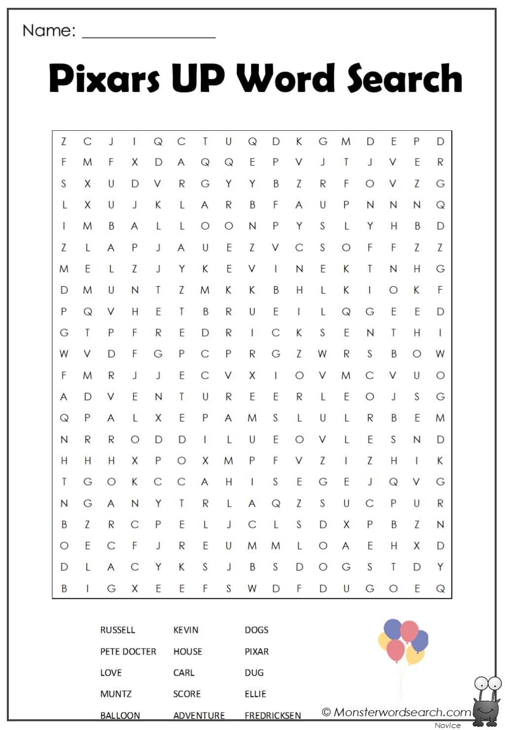 Pixars Up Word Search Monster Word Search