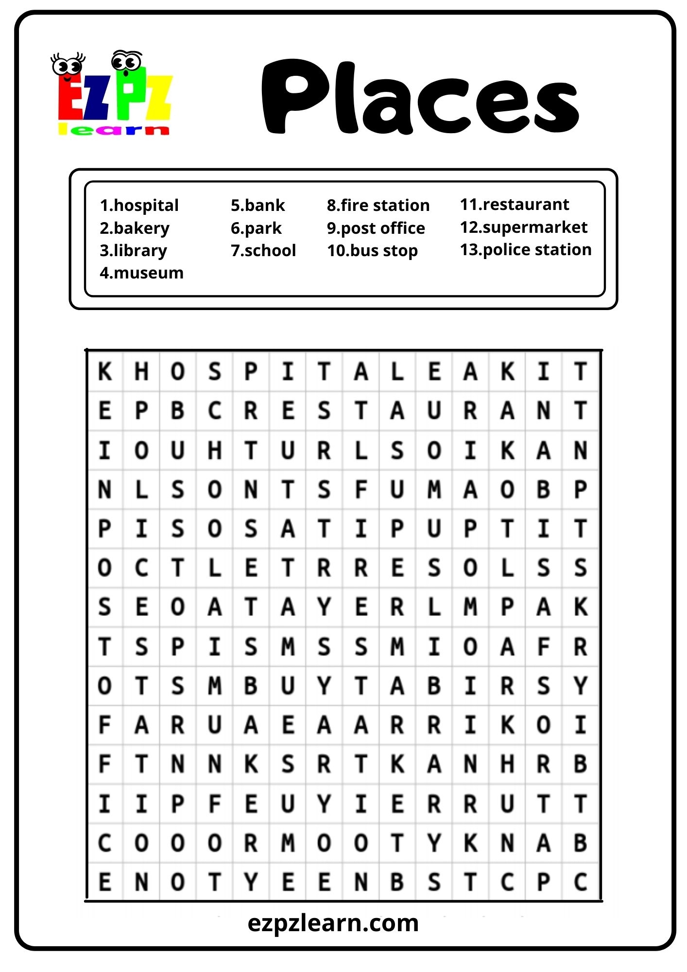 Places In The City Word Search 1 Ezpzlearn