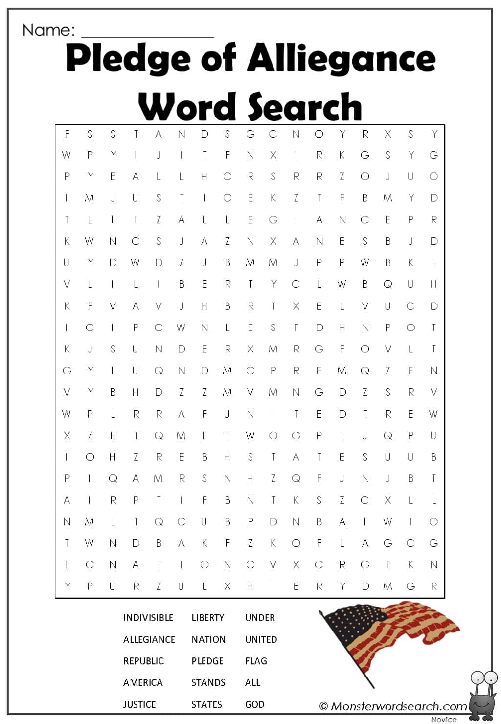 Pledge Of Alliegance Word Search Monster Word Search