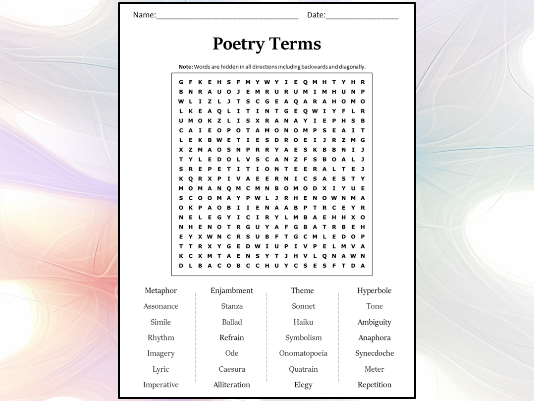 Poetry Terms Word Search Puzzle Worksheet Activity Teaching Resources