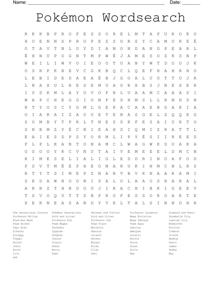 Pokemon Word Search WordMint