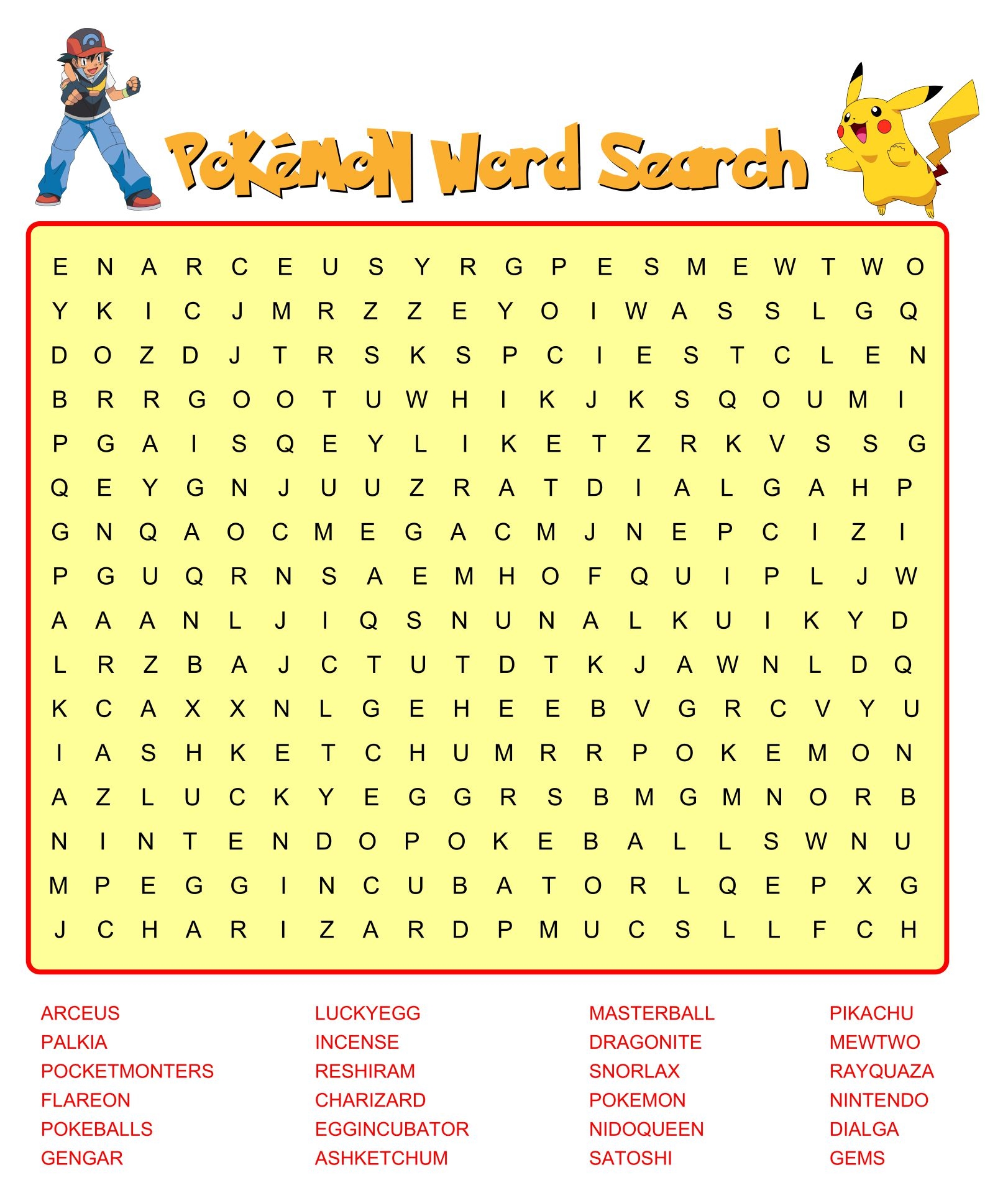Printable Word Search For Kids Pokemon
