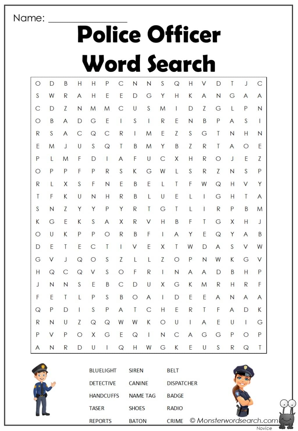 Police Officer Word Search Monster Word Search