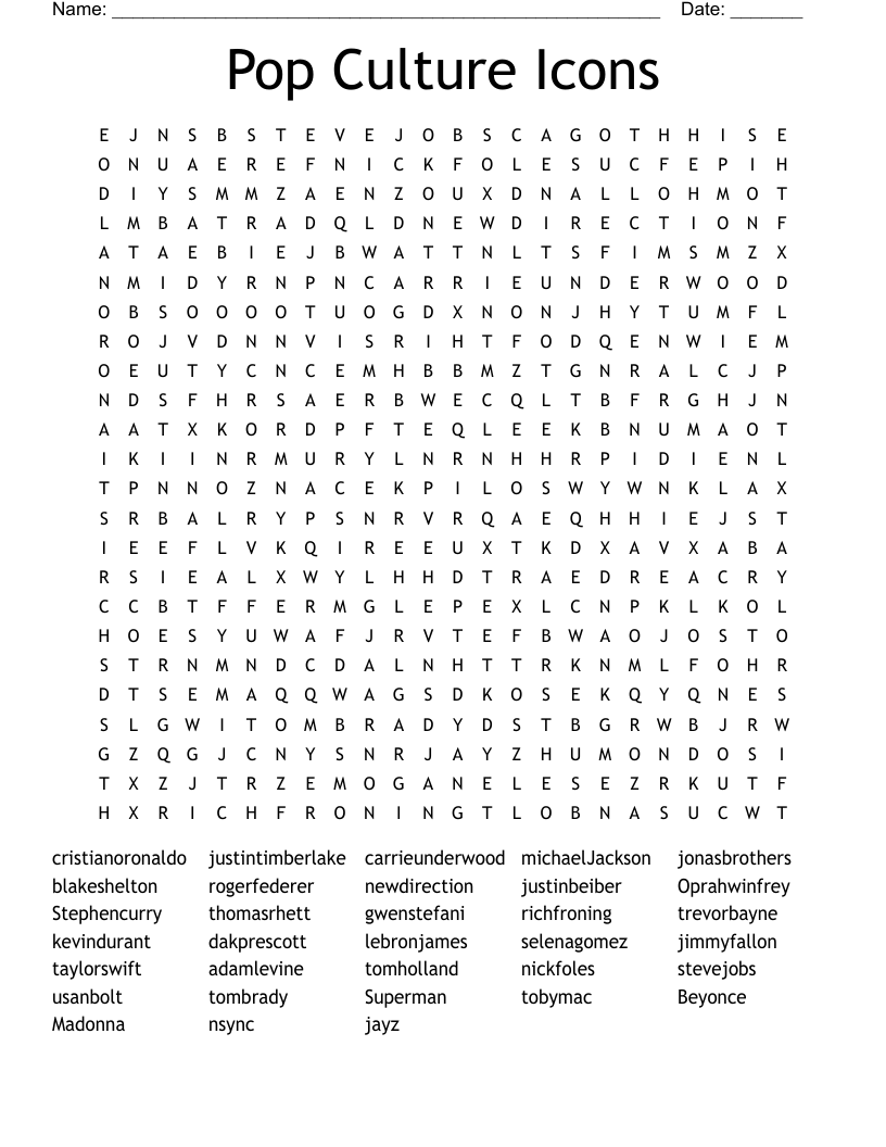 Pop Culture Icons Word Search WordMint