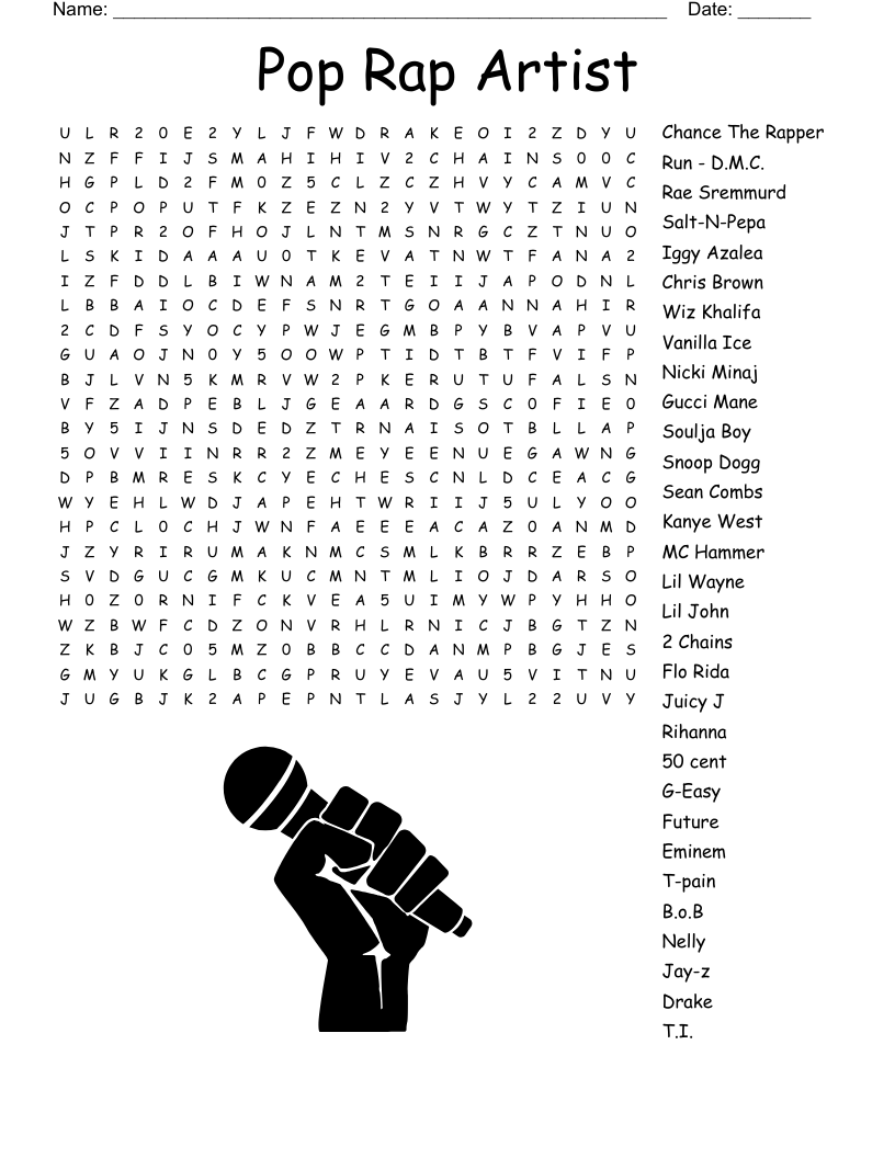 Pop Rap Artist Word Search WordMint