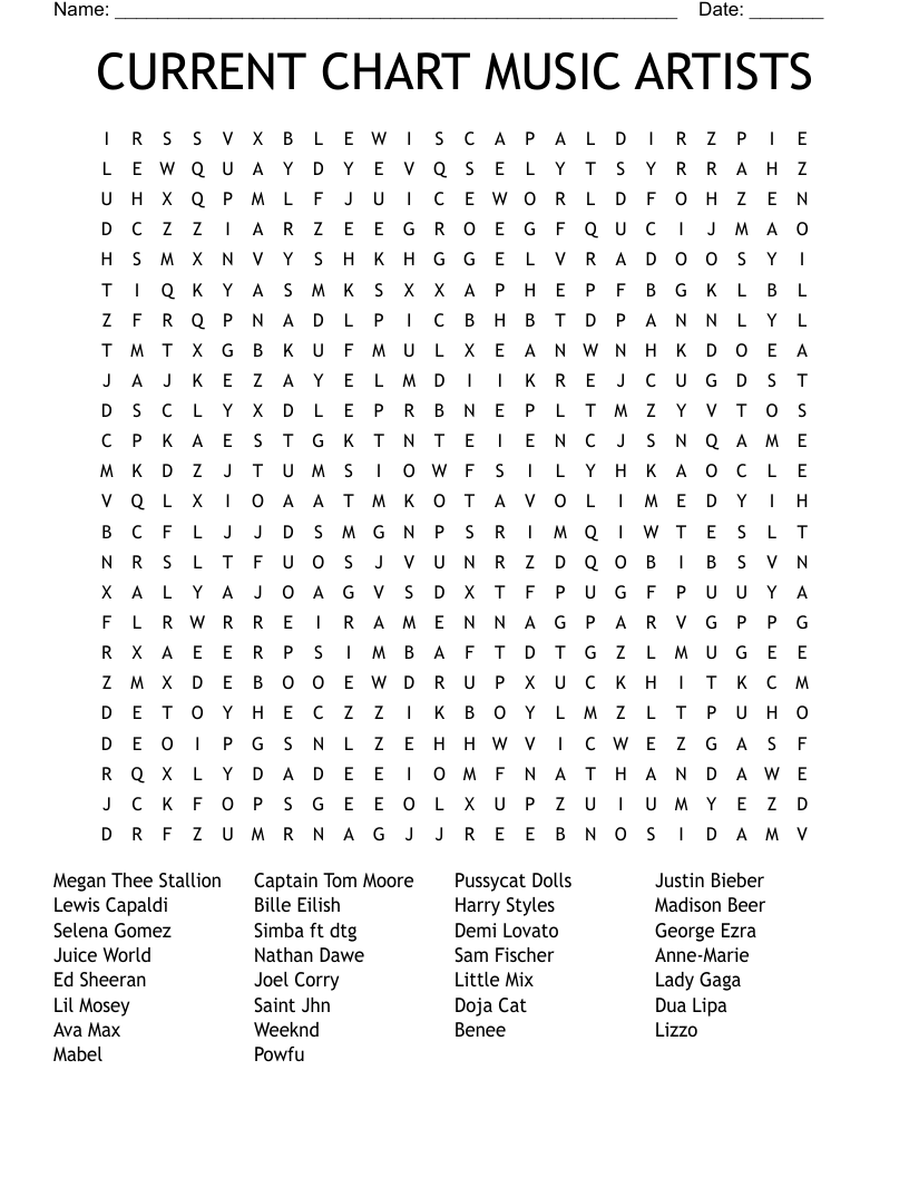 Pop Stars Word Search WordMint