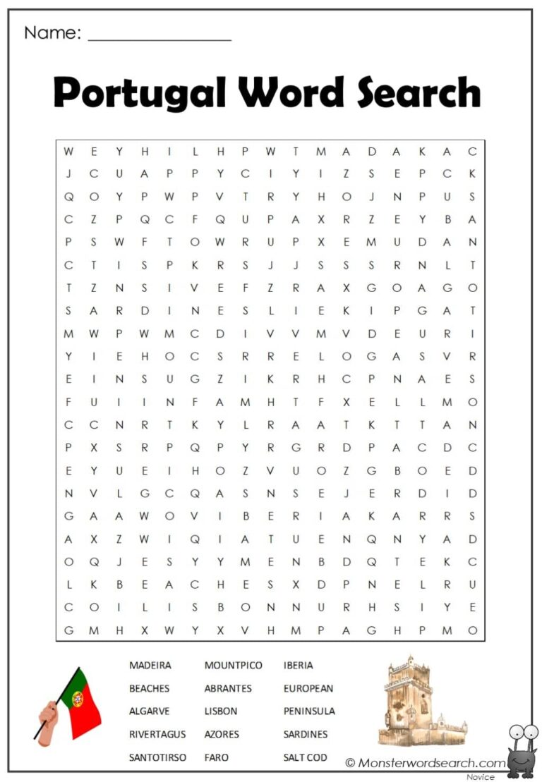 Portugal Word Search Monster Word Search