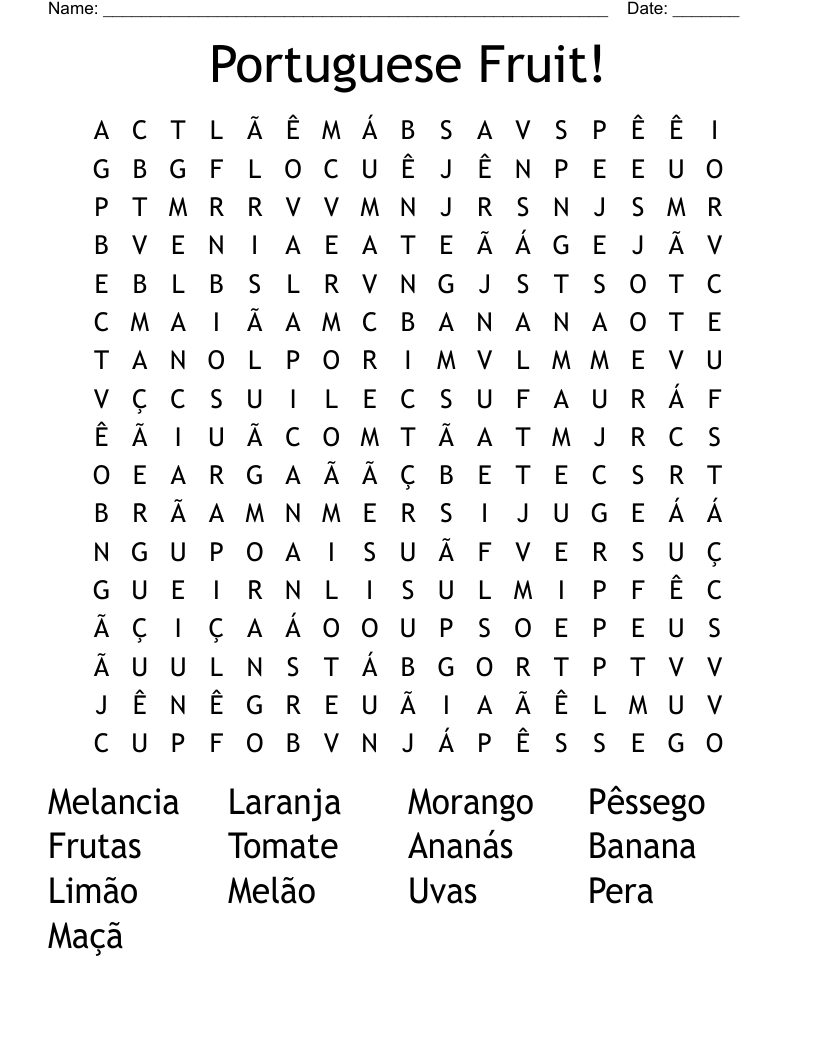 Portuguese Fruit Word Search WordMint