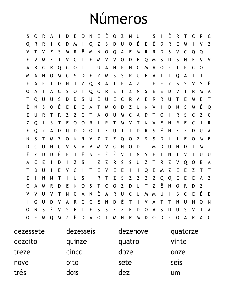 Portuguese Numbers 1 20 Word Search WordMint