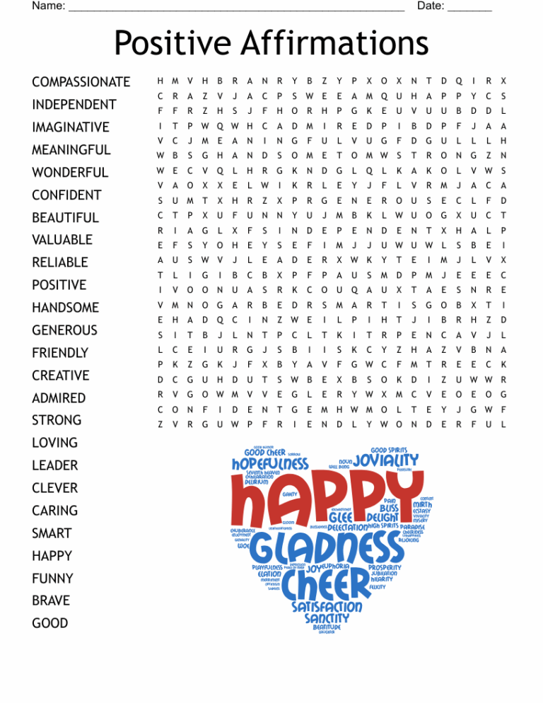 Positive Affirmations Word Search WordMint