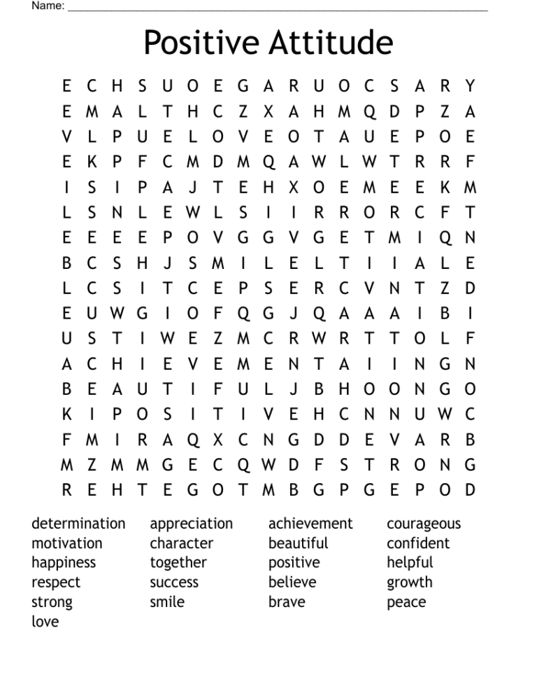 Positive Attitude Word Search WordMint