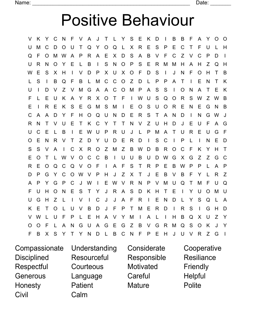 Positive Behaviour Word Search WordMint