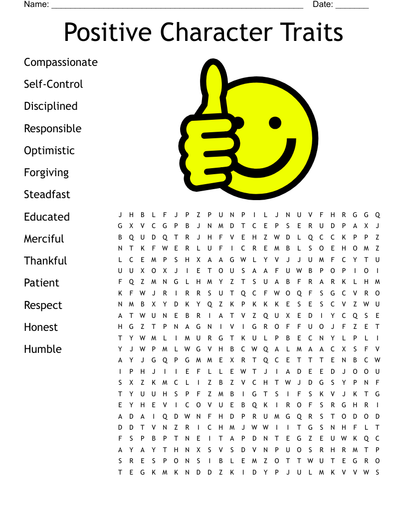 Positive Character Traits Word Search WordMint