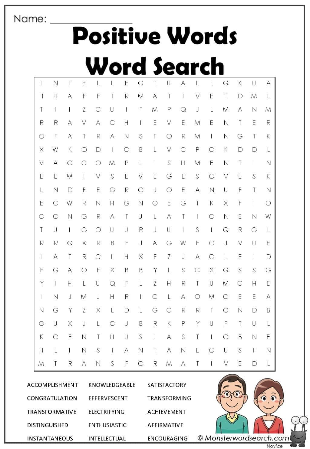 Positive Words Word Search Monster Word Search