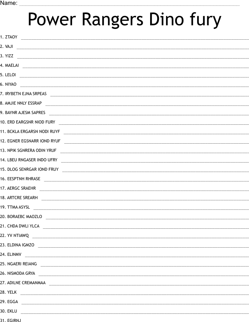 Power Rangers Dino Fury Word Scramble WordMint