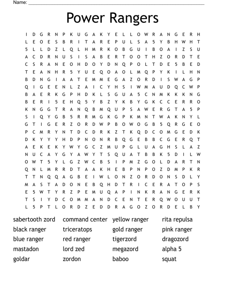 Power Rangers Word Search WordMint