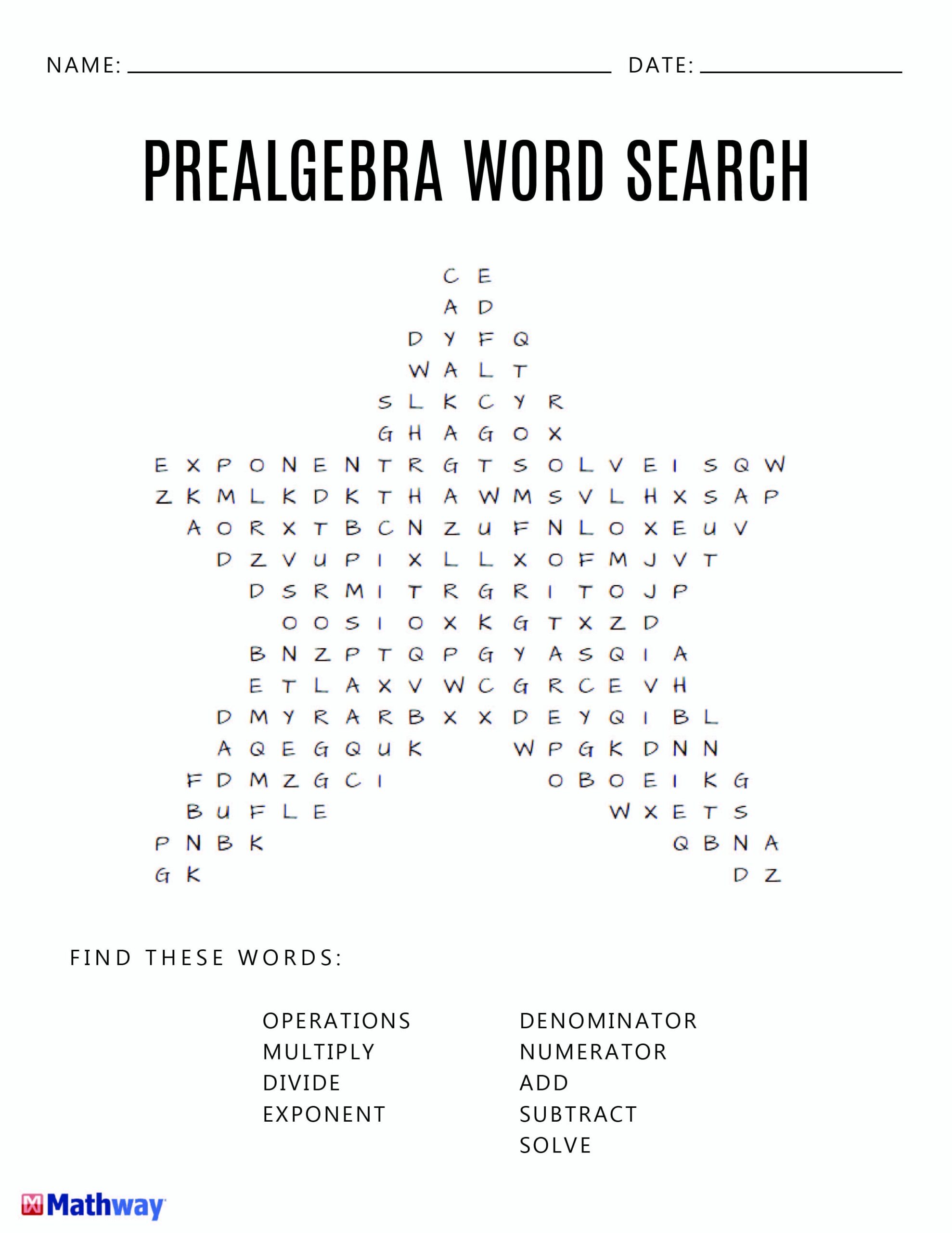 Pre Algebra Star Word Search Activity A Good Filler Activity To Worksheets Library