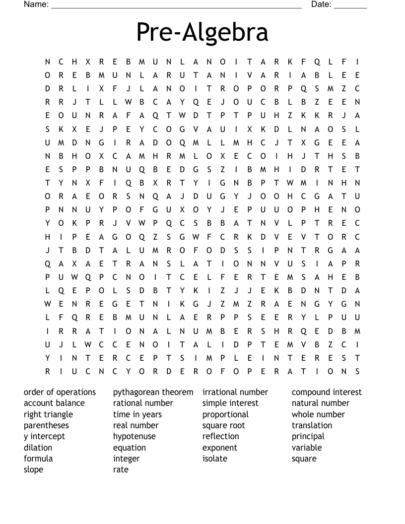 Pre Algebra Word Search WordMint