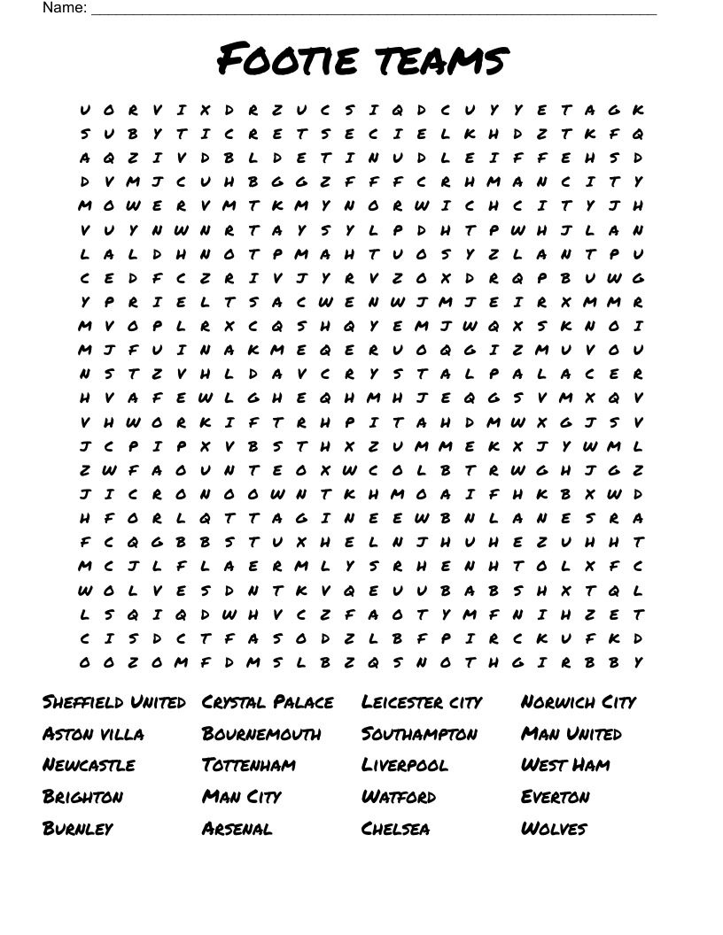 Premier League Teams Word Search WordMint