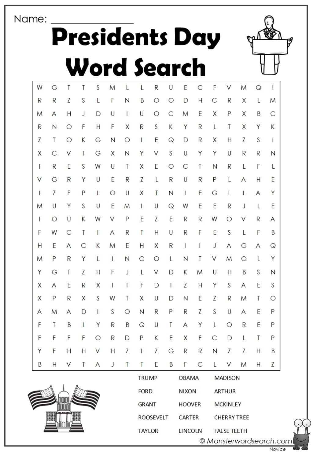 Presidents Day Word Search 2 Monster Word Search