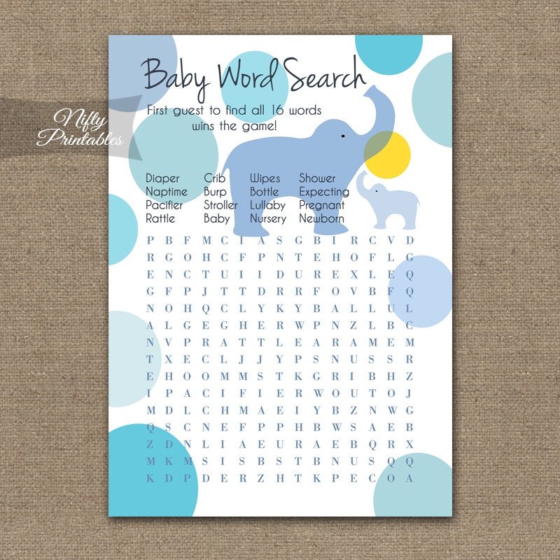 Printable Baby Shower Word Search Game Blue Elephants