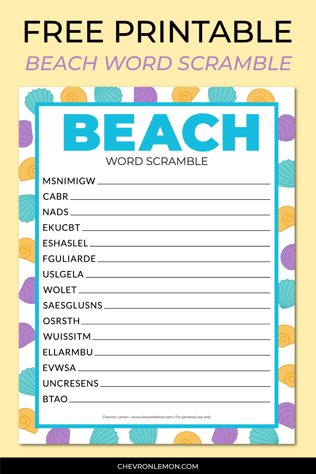 Printable Beach Word Scramble Chevron Lemon