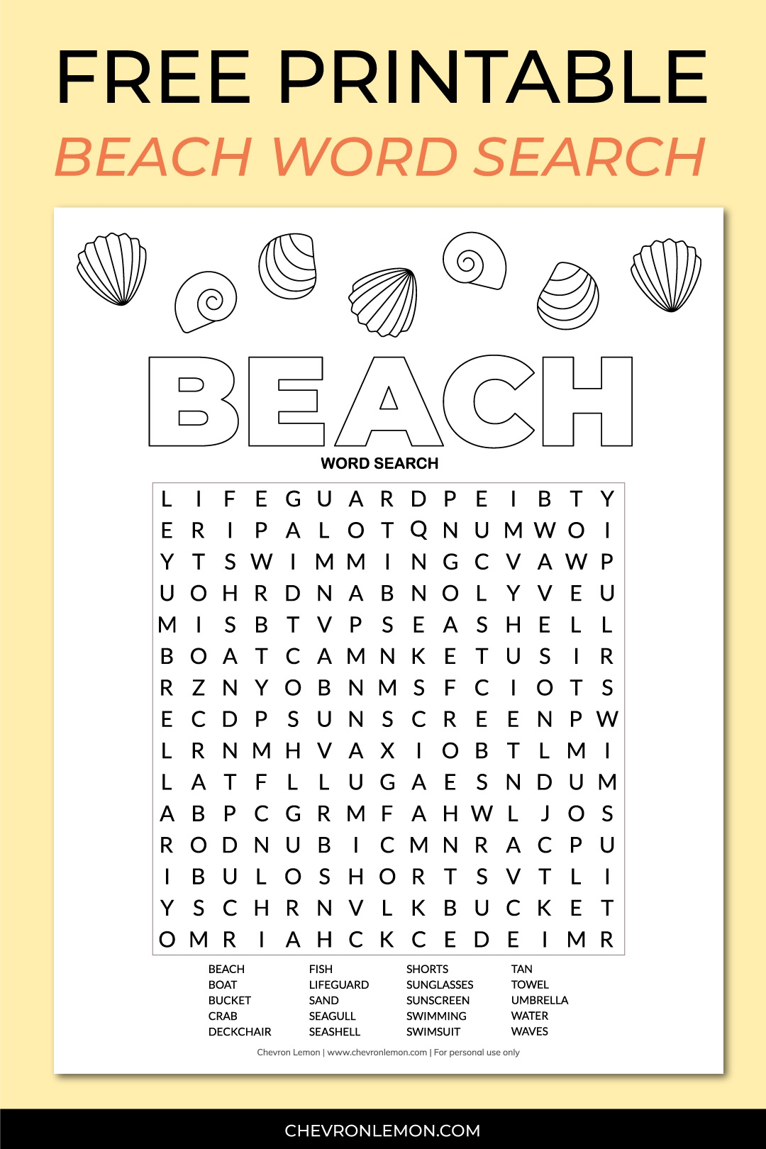 Printable Beach Word Search Chevron Lemon