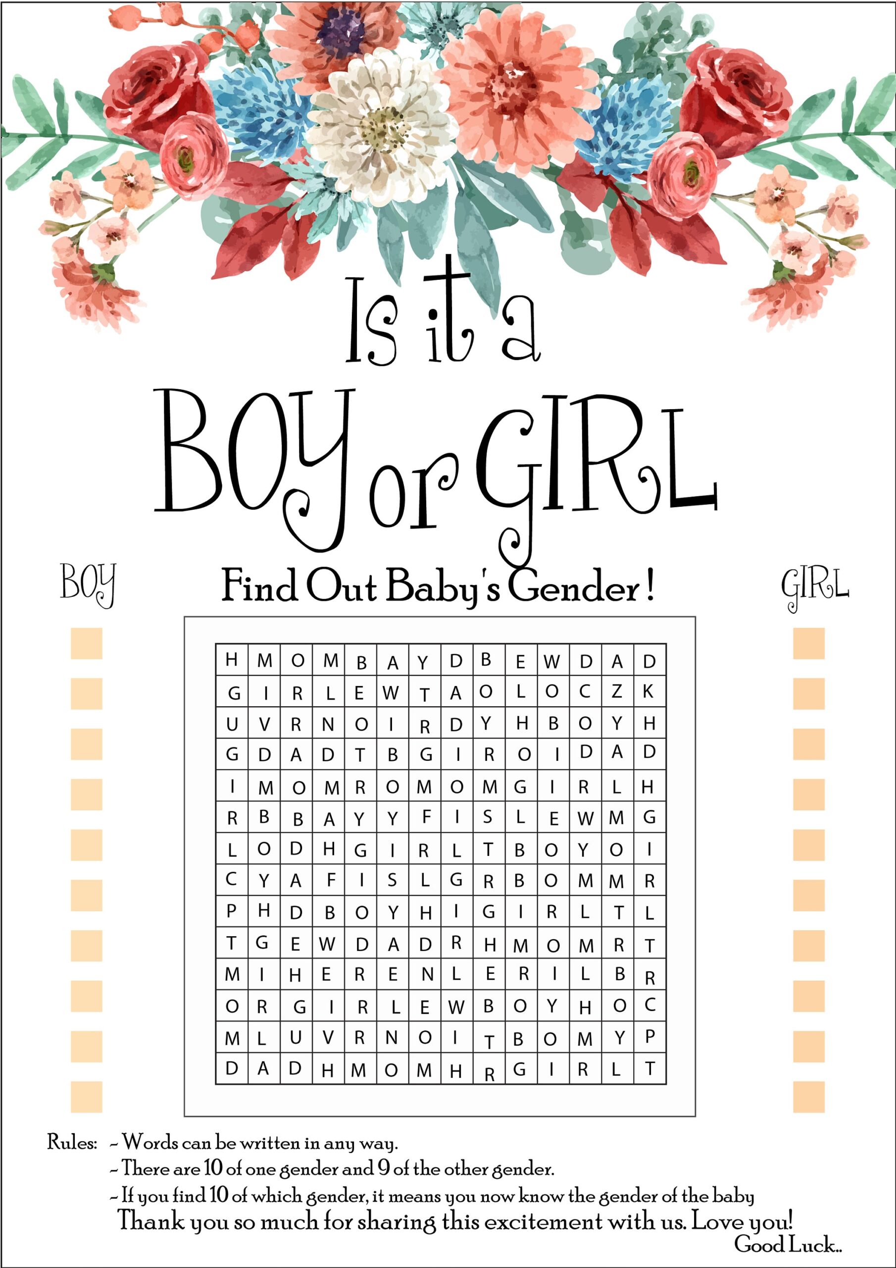 Printable Boy Or Girl Gender Reveal Word Search Game With Flowers Design Gender Reveal Party Game Gender Reveal Ideas Etsy