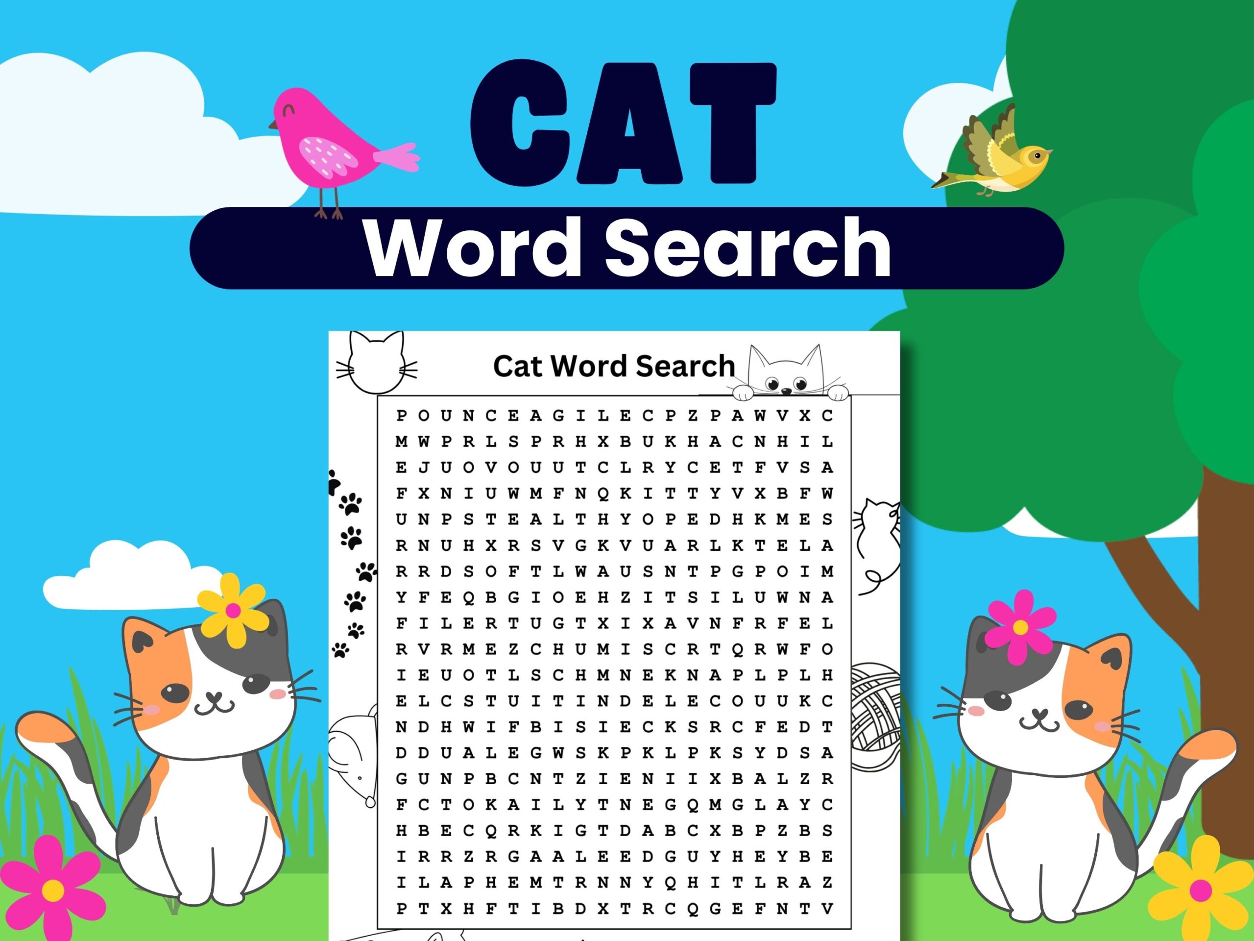 Printable Cat Word Search Puzzle For Kids And Adults Fun Word Game For Parties And Classrooms Cat Instant Download Etsy